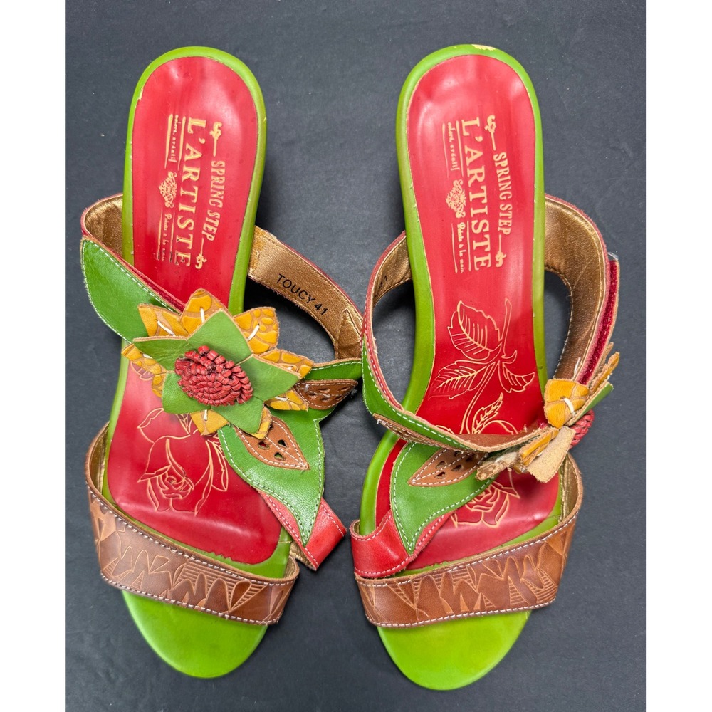 L'Artiste Toucy Heeled Sandals Womens 41 Green Red Leather Floral Boho Slides - Picture 12 of 12